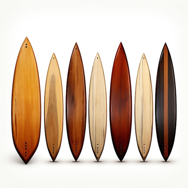 Foto tablas de surf de madera una al lado de la otra en fila al estilo de la ia generativa vintage
