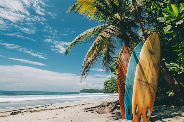 tablas de surf y palmeras en la playa