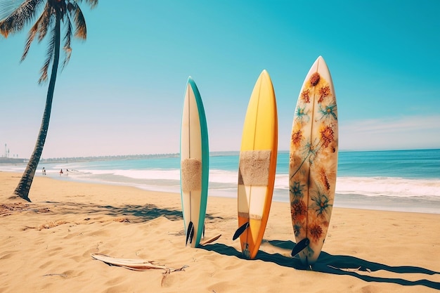 Foto tablas de surf en la playa en un día soleado