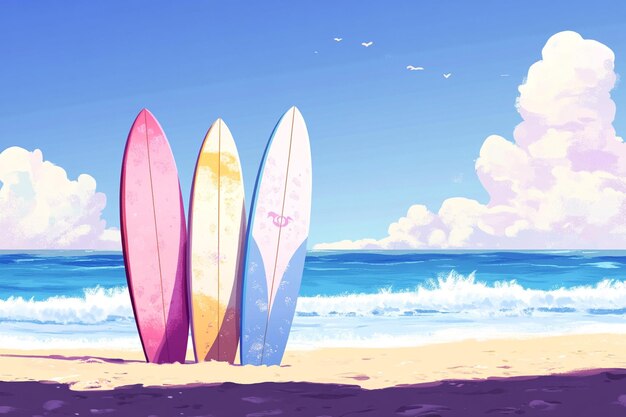 Tablas de surf en la playa Una imagen de dibujos animados de Fitness generative ai