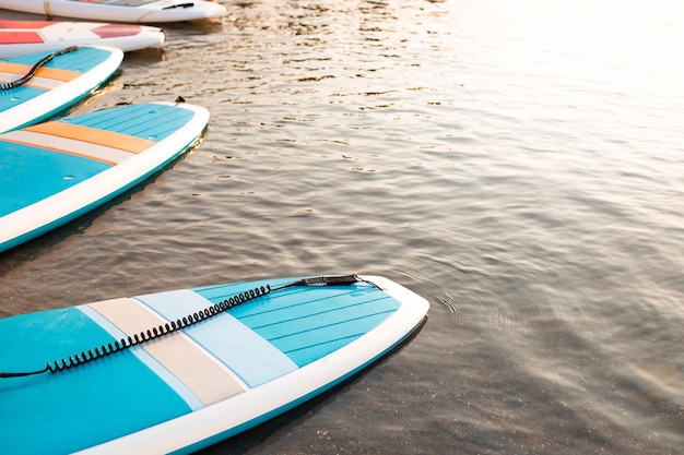 Foto tablas de surf sobre fondo azul de la superficie del agua limpia equipos de surf y sup en luces de puesta de sol closeup deportes acuáticos al aire libre concepto de estilo de vida de surf