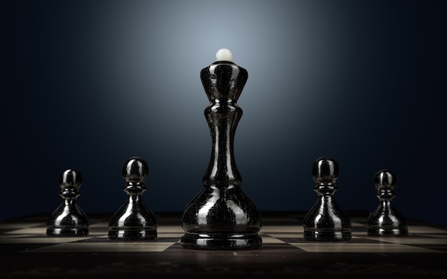 Tablero de ajedrez con figuras sobre fondo oscuro de cerca
