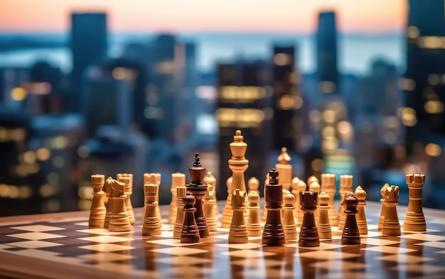 Tablero de ajedrez con fondo de concepto inmobiliario