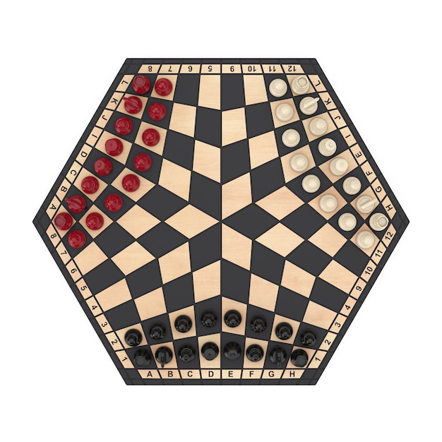 Tablero de ajedrez hexagonal de tres jugadores con ajedrez sobre un fondo blanco. Representación 3D