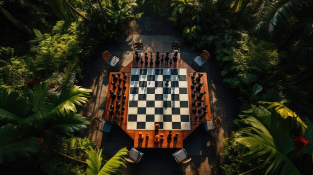Tablero de ajedrez en un jardín exuberante