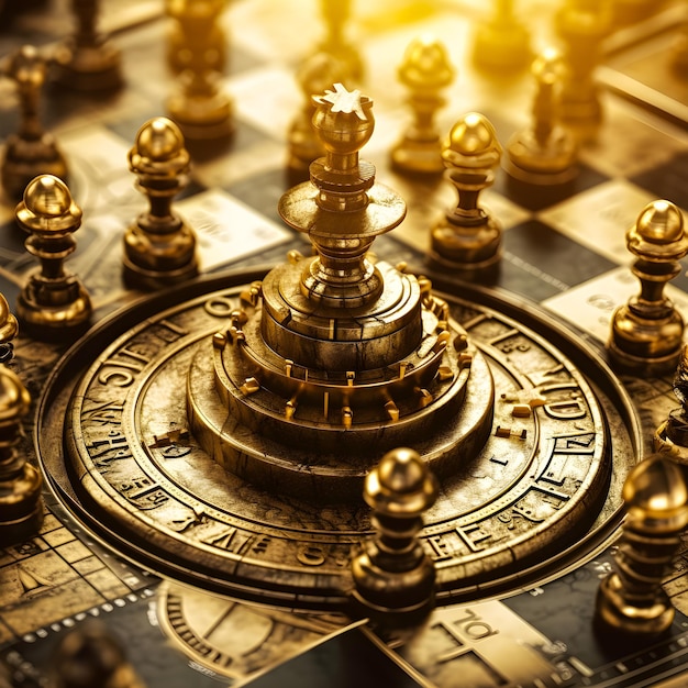 Un tablero de ajedrez con una pieza de ajedrez dorada que dice "el tiempo".