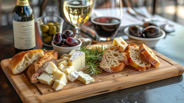 Un tablero de bambú con pan fresco y queso listo para ser compartido
