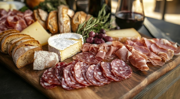 Foto un tablero de charcutería bien arreglado con carnes y quesos variados en un plato de madera