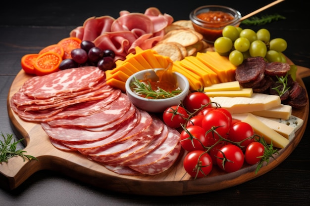 Tablero de charcutería sobre fondo negro antipasti italiano o tapas españolas