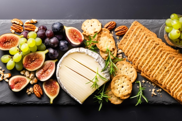 Foto tablero de charcutería vegana con una variedad de quesos a base de plantas, higos, aceitunas y galletas de grano