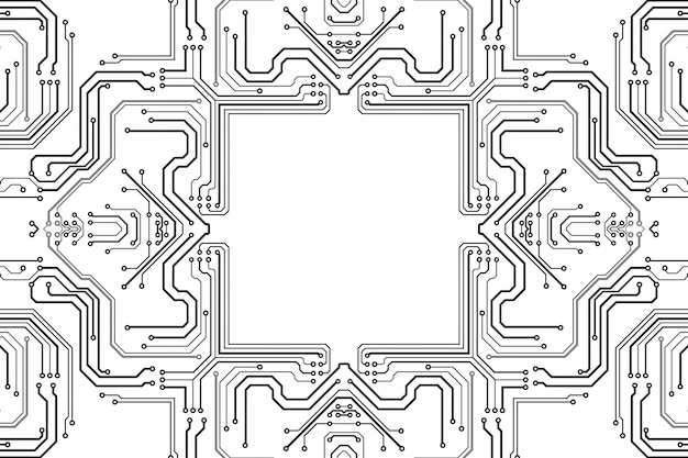 Tablero de chips de electrónica. Placa de circuito impreso modelo electrónico de alta tecnología, tecnología digital. Ilustración de chip de computadora abstracta. Microchip monocromo negro, aislar sobre fondo blanco.