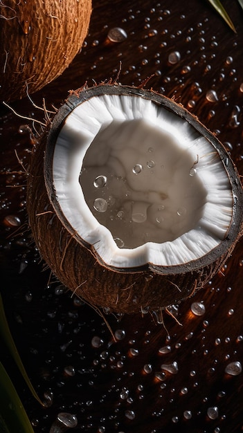 Foto tablero con coco fresco vista de cerca gotas de agua ia generativa