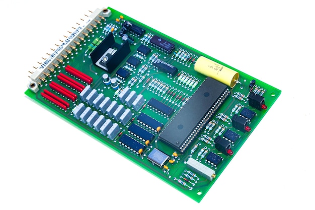 Tablero de computadora con microcircuitos soldados y semiconductores sobre un fondo blanco