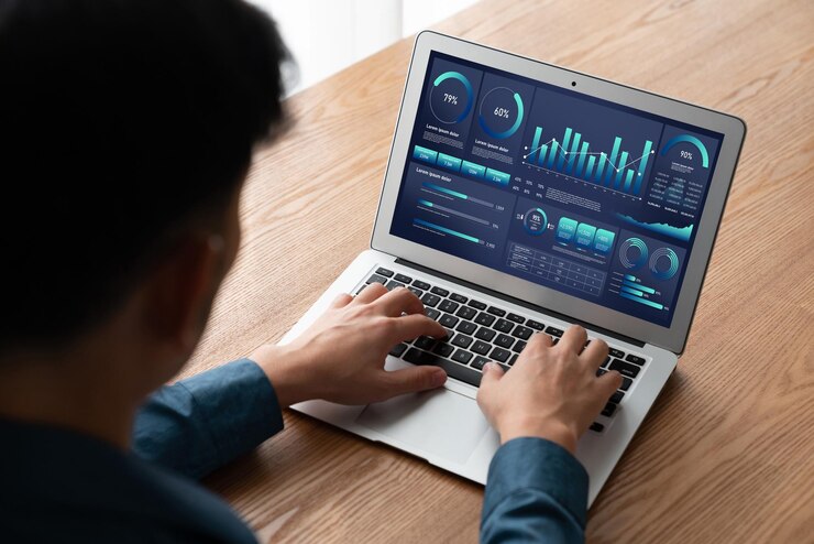 Foto el tablero de datos de negocios proporciona análisis de inteligencia de negocios con comodidad