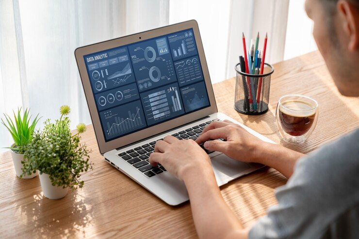Foto el tablero de datos de negocios proporciona análisis de inteligencia de negocios con comodidad