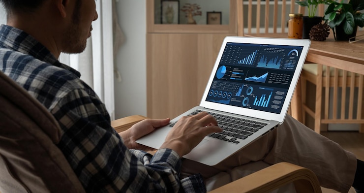 Foto el tablero de datos de negocios proporciona análisis de inteligencia de negocios con comodidad