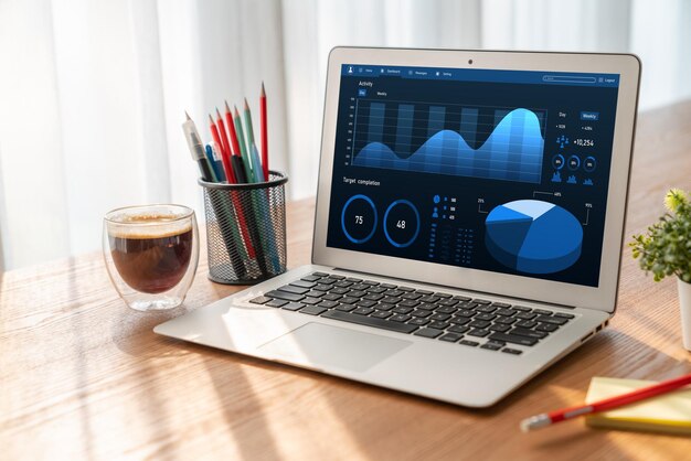 Foto el tablero de datos de negocios proporciona analíticos de inteligencia de negocios modernos