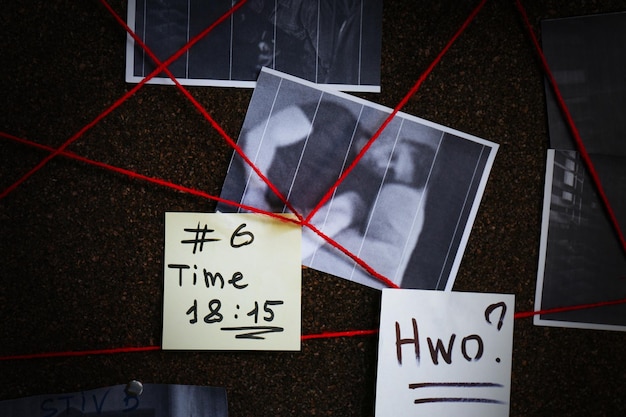 Tablero de detectives con fotos de la escena del crimen pegatinas pistas y primer plano de hilo rojo