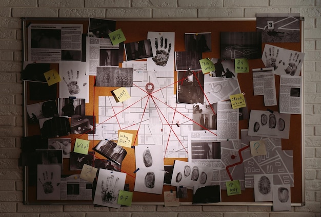Tablero de detectives con mapa de fotos de huellas dactilares y pistas conectadas por hilo rojo en la pared de ladrillo blanco