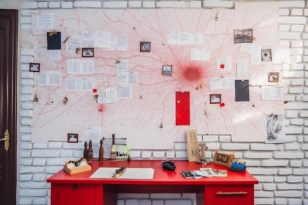 Tablero de detectives con mapa de fotos de huellas dactilares y pistas conectadas por hilo rojo en la pared de ladrillo blanco