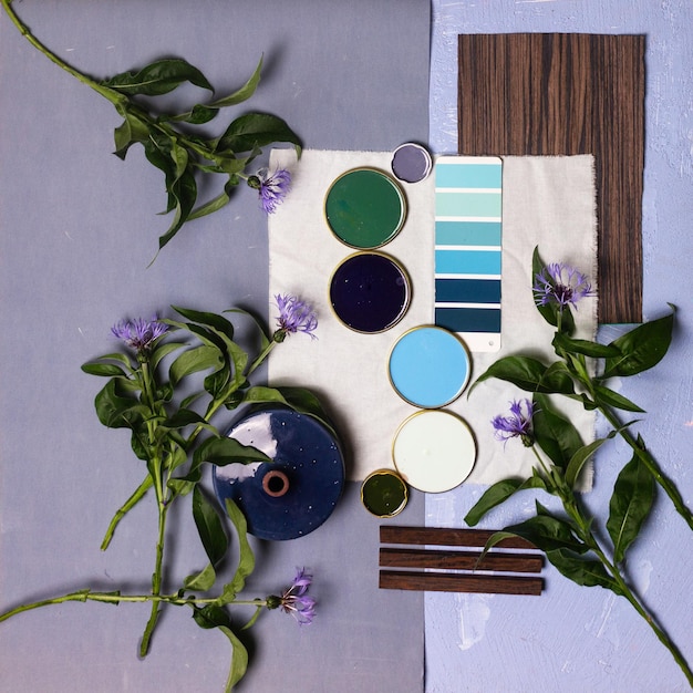 Foto tablero de estado de ánimo de la paleta de colores para el diseño y la decoración de interiores