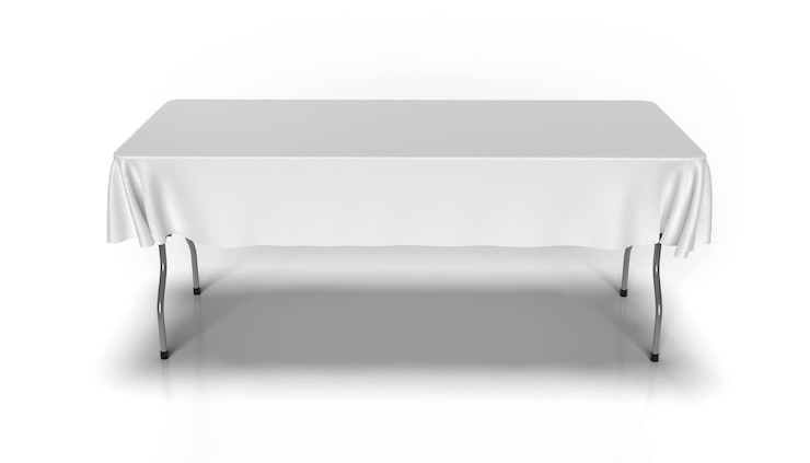 Foto tablero de exposición blanco drapeado sobre una mesa plegable para eventos para una maqueta