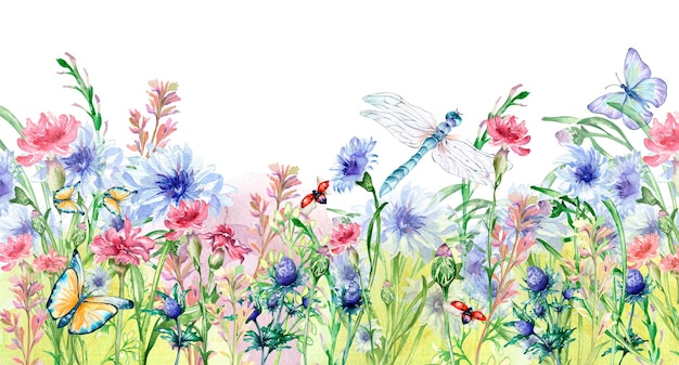 Tablero de flores de colores de pradera con ilustración de acuarela de insectos aislado