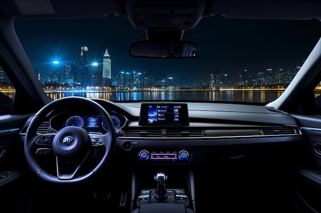 Tablero de instrumentos del coche con luces modernas de la ciudad vista nocturna