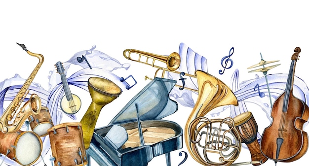 Tablero de instrumentos musicales de jazz e ilustración de acuarela de onda de nota aislada en blanco