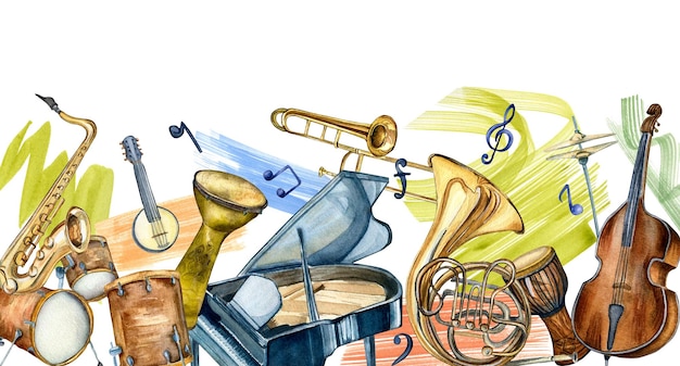 Foto tablero de instrumentos musicales de jazz y trazos de pincel ilustración acuarela aislado en blanco