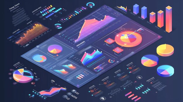 Tablero de interfaz de usuario con gráficos de neón y datos en un tema oscuro