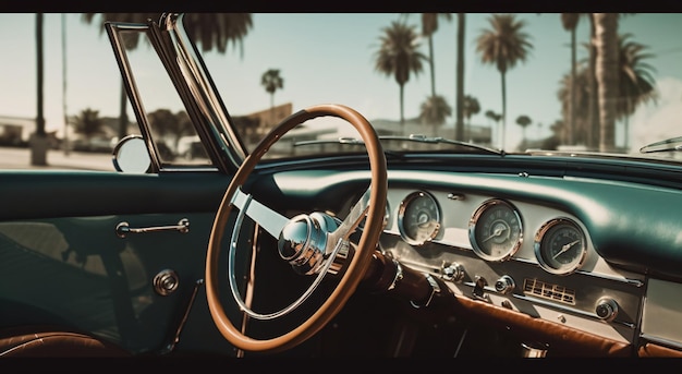 Tablero interior del coche clásico americano volante de veterano cabriolet dirección de veteranos