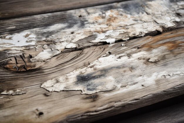 Tablero de madera antiguo con pintura blanca pelándose y mostrando la madera natural debajo