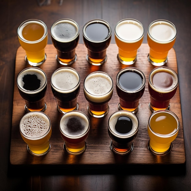 Foto tablero de madera arrafado con una variedad de vasos de cerveza en él