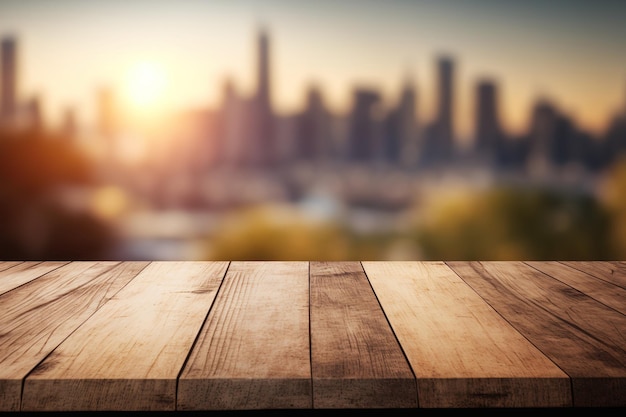 Tablero de madera en blanco con un hermoso horizonte borroso en un clima soleado en la maqueta de fondo