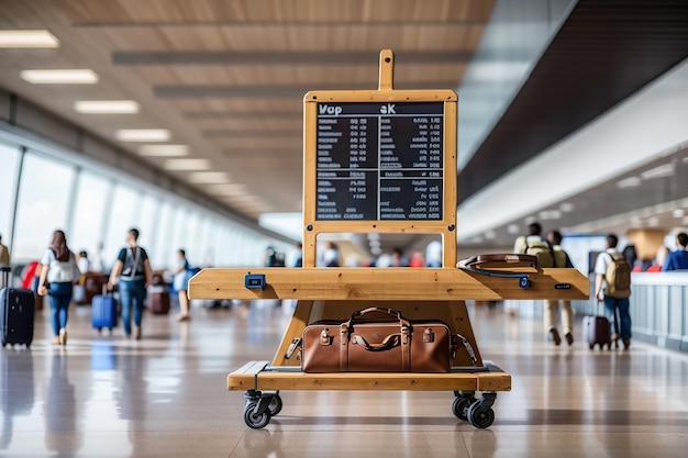 Un tablero de madera en una bulliciosa terminal de aeropuerto ideal para productos relacionados con los viajes y el equipaje