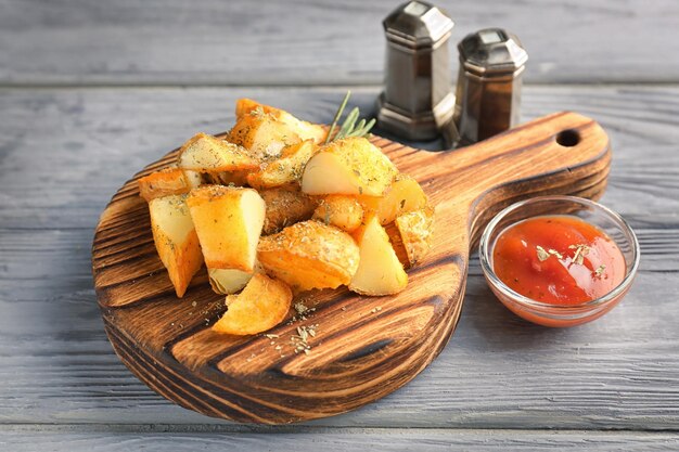 Tablero de madera con deliciosos gajos de patata al horno y salsa en la mesa