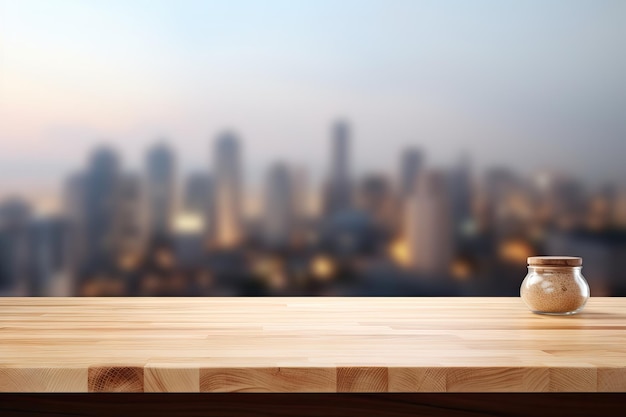 Tablero de madera en un fondo de cocina borroso para exhibir productos o diseñar imágenes