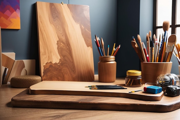 Foto un tablero de madera con un fondo de galería de arte para suministros de arte y anuncios de productos creativos