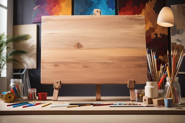 Foto un tablero de madera con un fondo de galería de arte para suministros de arte y anuncios de productos creativos