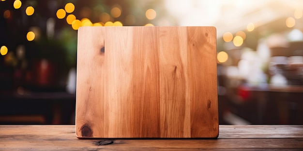 Tablero de madera frente a un fondo borroso perfecto para exhibir o montar productos