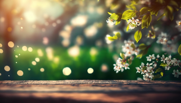 Tablero de madera en un jardín con flores de primavera y flores. IA generativa