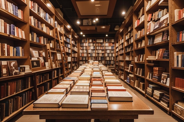 Un tablero de madera en una librería con filas de libros y literatura