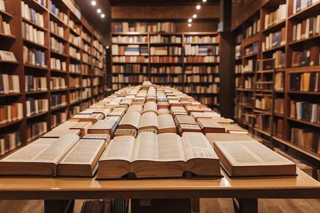Un tablero de madera en una librería con filas de libros y literatura