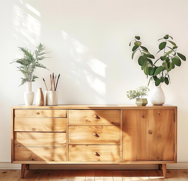 Foto tablero de madera de mediados de siglo con plantas de primer plano pared blanca plantilla de maqueta interior para arte de pared