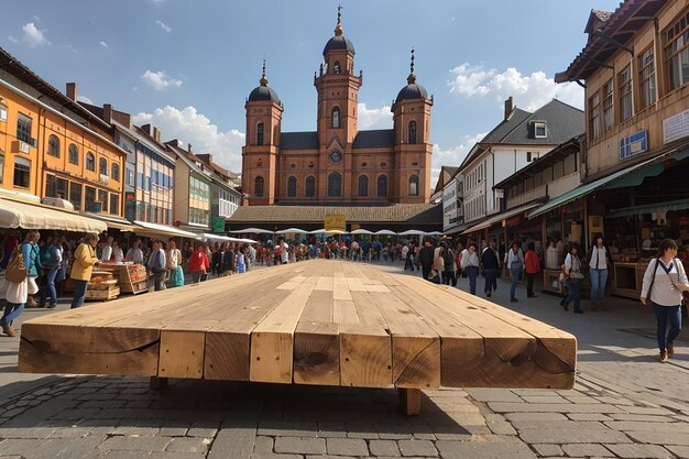 Un tablero de madera en el medio de una bulliciosa plaza de mercado