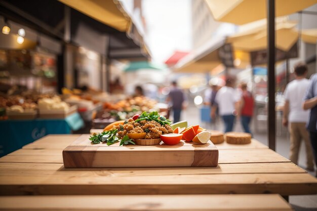 Foto un tablero de madera en un mercado de comida callejera desenfocado