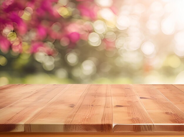 Foto tablero de madera mesa vacía delante de fondo borroso