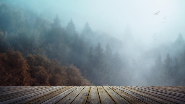 Tablero de madera mesa vacía delante de fondo borroso