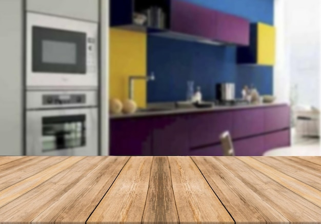 Tablero de madera mesa vacía fondo borroso cocina moderna